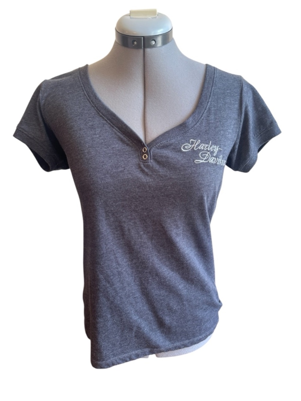 Harley-Davidson Fitted Henley Tee Grey Logo Short Sleeve Casual Biker Y2K Top